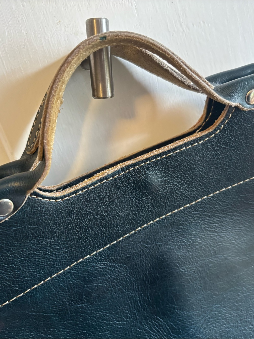 Black Leather Tote with Contrast Stitching